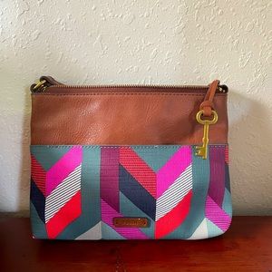 Geometric brown leather Fossil crossbody bag